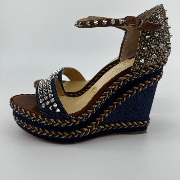 Louboutin Denim Wedge with Spike Accents - Size 39 - Picture 5 of 7